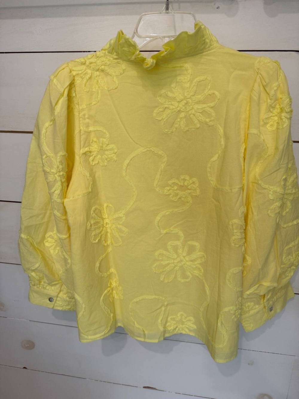 JODIFL Lemon Yellow Ruffle Neck Embroidered Button-Front Blouse - Picture 3 of 5